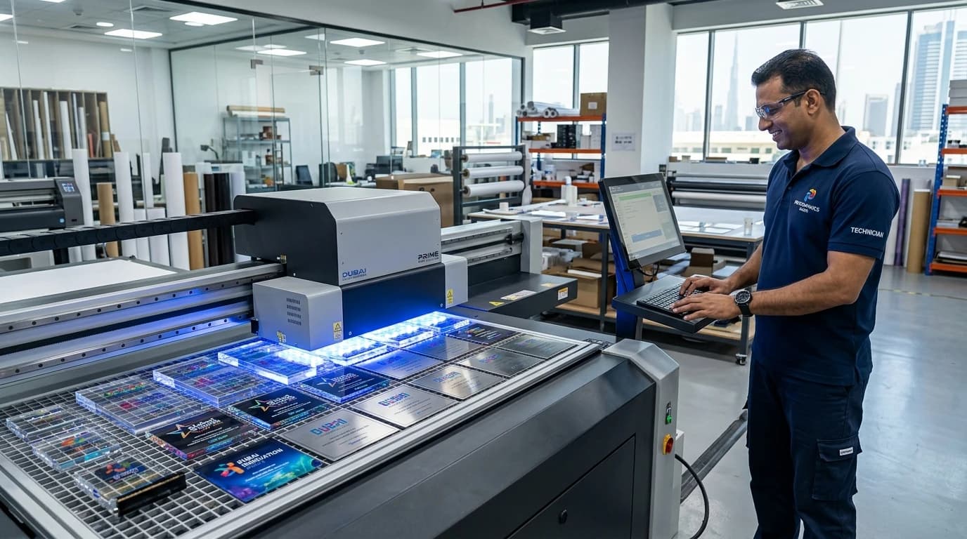 Industrial flatbed UV printing in Dubai for acrylic awards, signage, metal plaques, and promotional merchandise
